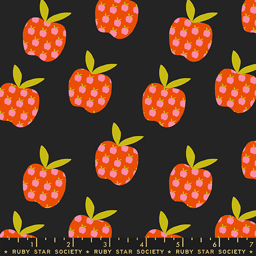 Mystic Fable Big Apple cotton fabric in Soft Black by Alexia Abegg for Ruby Star Society, 100% cotton, retro apple print