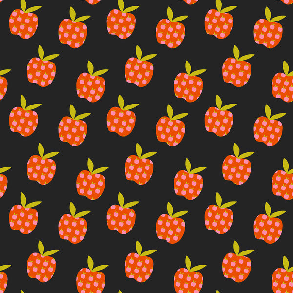 Scale of Mystic Fable Big Apple cotton fabric in Soft Black by Alexia Abegg for Ruby Star Society, 100% cotton, retro apple print