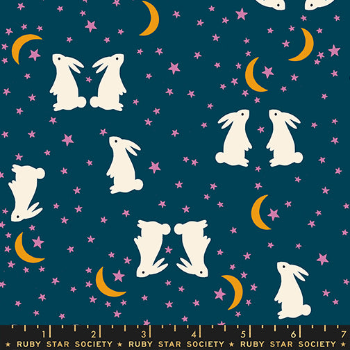 Scale of Mystic Fable Bunnies fabric in Galaxy by Alexia Abegg for Ruby Star Society, 100% cotton with rabbits among moons and stars