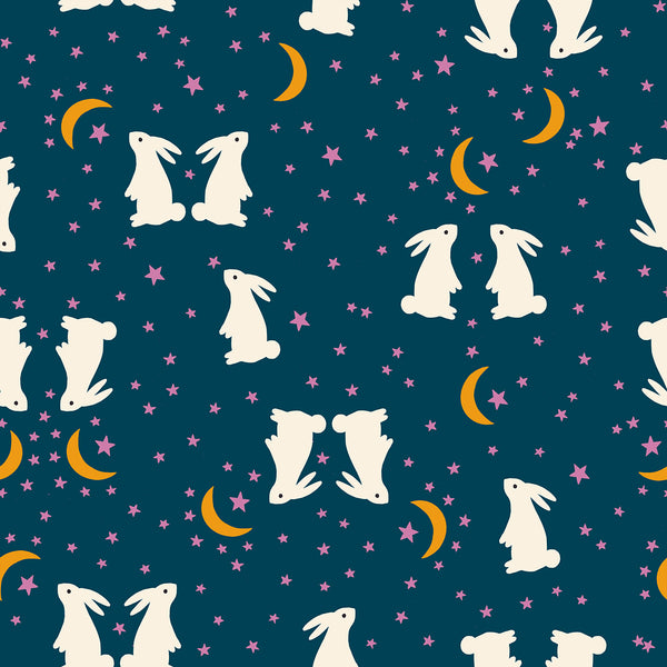 Mystic Fable Bunnies fabric in Galaxy by Alexia Abegg for Ruby Star Society, 100% cotton with rabbits among moons and stars