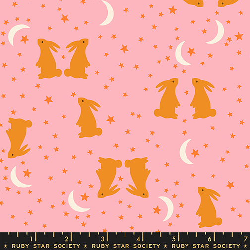 Scale of Mystic Fable Bunnies fabric in Rosebud by Alexia Abegg for Ruby Star Society, 100% cotton with rabbits among moons and stars