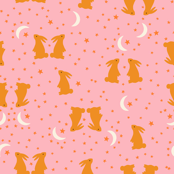 Mystic Fable Bunnies fabric in Rosebud by Alexia Abegg for Ruby Star Society, 100% cotton with rabbits among moons and stars