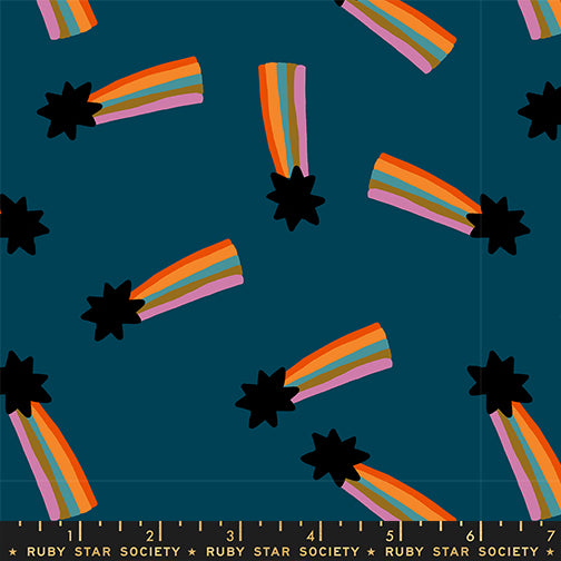Scale of Mystic Fable Shooting Star fabric in Galaxy by Alexia Abegg for Ruby Star Society, 100% cotton with rainbow shooting star design
