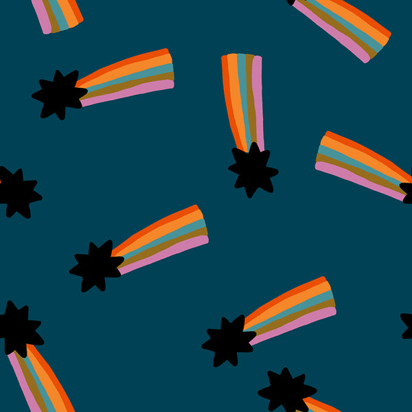 Mystic Fable Shooting Star fabric in Galaxy by Alexia Abegg for Ruby Star Society, 100% cotton with rainbow shooting star design
