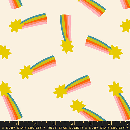 Scale of Mystic Fable Shooting Star fabric in Natural by Alexia Abegg for Ruby Star Society, 100% cotton with rainbow shooting star design