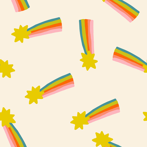 Mystic Fable Shooting Star fabric in Natural by Alexia Abegg for Ruby Star Society, 100% cotton with rainbow shooting star design