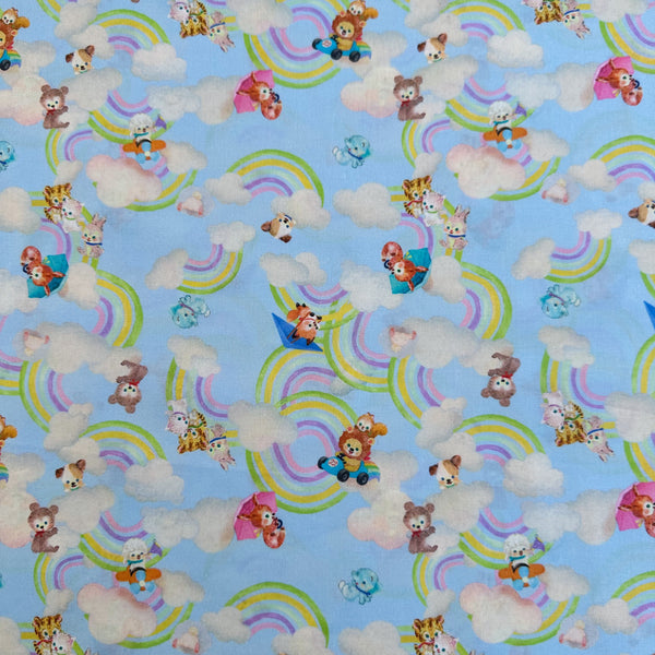Nanairo Slider Cotton Lawn Fabric in Blue by Yukiemon for Hokkoh featuring whimsical illustrated sliders and charming characters on soft Japanese cotton lawn.