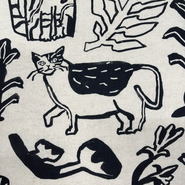 Close up of NekoNoe Botanical Cats cotton linen canvas fabric by Kokka