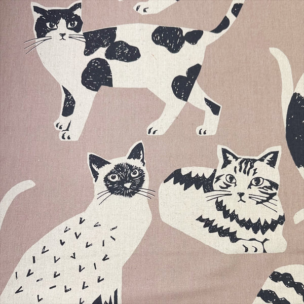 NekoNoe Echino Cat Cotton Linen Canvas Fabric by Etsuko Furuya for Kokka Japan, featuring playful cat designs in sand and black