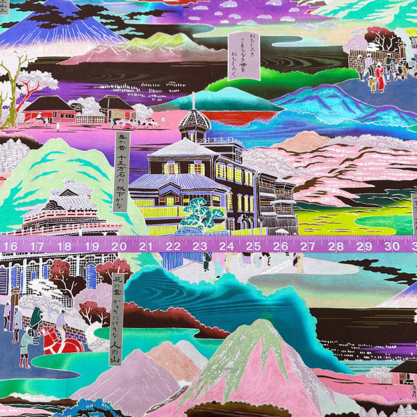 Scale of Neo Japanesque cotton fabric in Bright Multi by Nora featuring a brightly colored Japanese landscape with mountains, villages, and traditional motifs on quilt-weight cotton