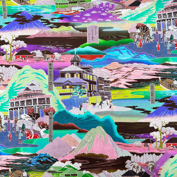 Neo Japanesque cotton fabric in Bright Multi by Nora featuring a brightly colored Japanese landscape with mountains, villages, and traditional motifs on quilt-weight cotton