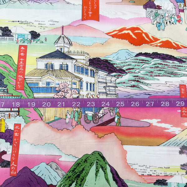 Scale of Neo Japanesque cotton fabric in White Multi by Nora featuring a brightly colored Japanese landscape with mountains, villages, and traditional motifs