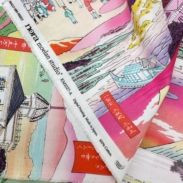 Selvage of Neo Japanesque cotton fabric in White Multi by Nora featuring a brightly colored Japanese landscape with mountains, villages, and traditional motifs