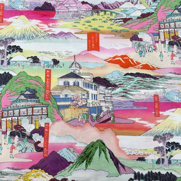 Neo Japanesque cotton fabric in White Multi by Nora featuring a brightly colored Japanese landscape with mountains, villages, and traditional motifs