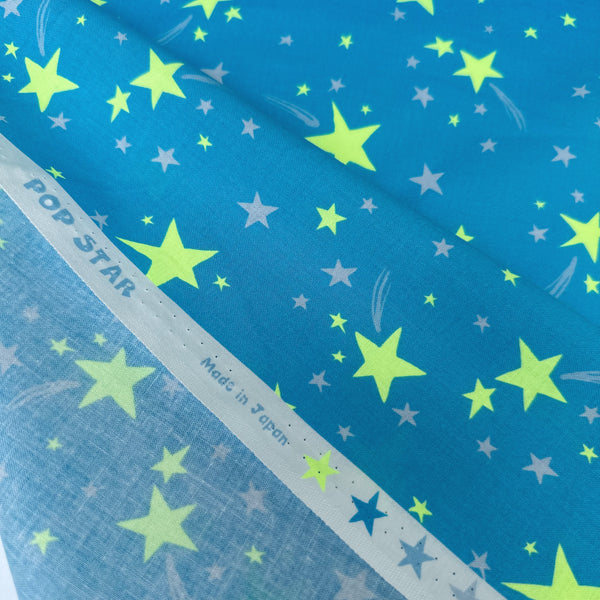 Selvage detail of Neon Pop Star Cotton fabric, Blue colorway, imported from Japan