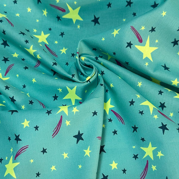 Drape detail of Neon Pop Star Cotton fabric, Green colorway, imported from Japan