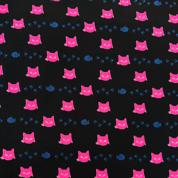 Neon Cat Cotton Oxford Fabric in Black featuring a playful print of fish, paws, and neon cat faces, imported from Japan.