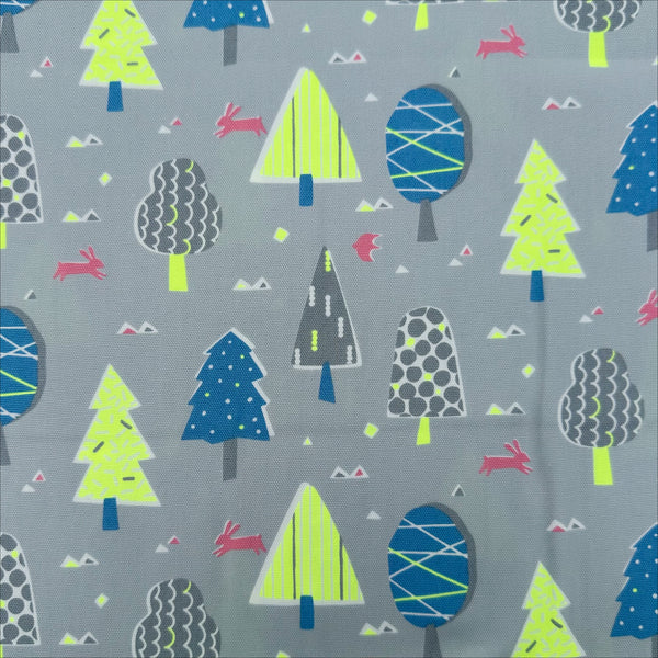 Selvage of Neon Forest Cotton Oxford Fabric in Gray featuring a forest-inspired print with neon colors, imported from Japan.