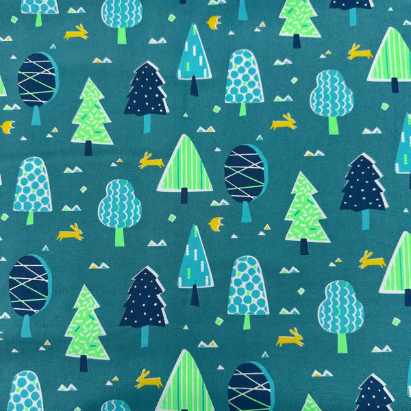 Neon Forest Cotton Oxford Fabric in Neon Green featuring a vibrant forest-inspired print with neon colors, imported from Japan.