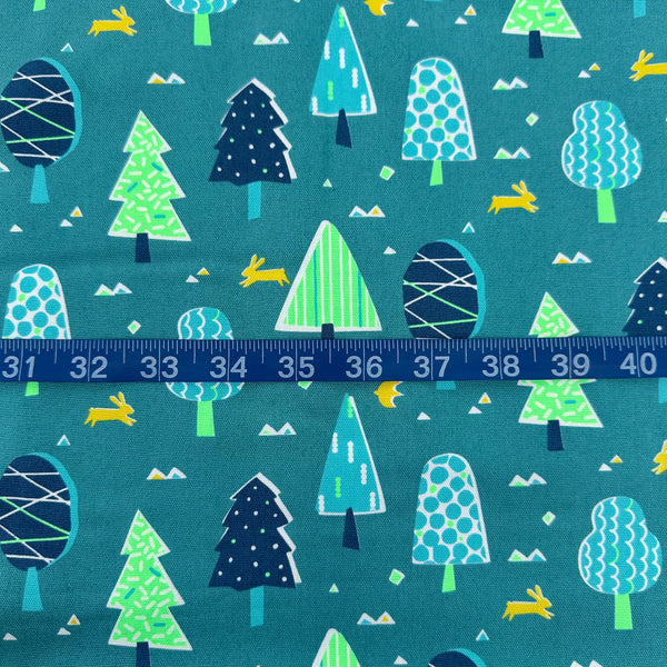Scale of Neon Forest Cotton Oxford Fabric in Neon Green featuring a vibrant forest-inspired print with neon colors, imported from Japan.