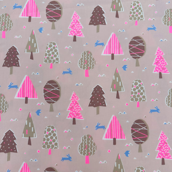Neon Forest Cotton Oxford Fabric in Pink featuring a vibrant forest-inspired print with neon colors, imported from Japan.