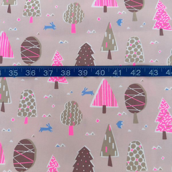 Scale of Neon Forest Cotton Oxford Fabric in Pink featuring a vibrant forest-inspired print with neon colors, imported from Japan.