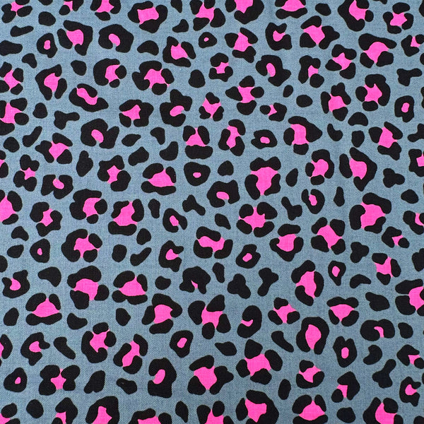 Neon Leopard Cotton Fabric in Gray and Neon Pink featuring a bold leopard print with neon accents, imported from Japan.