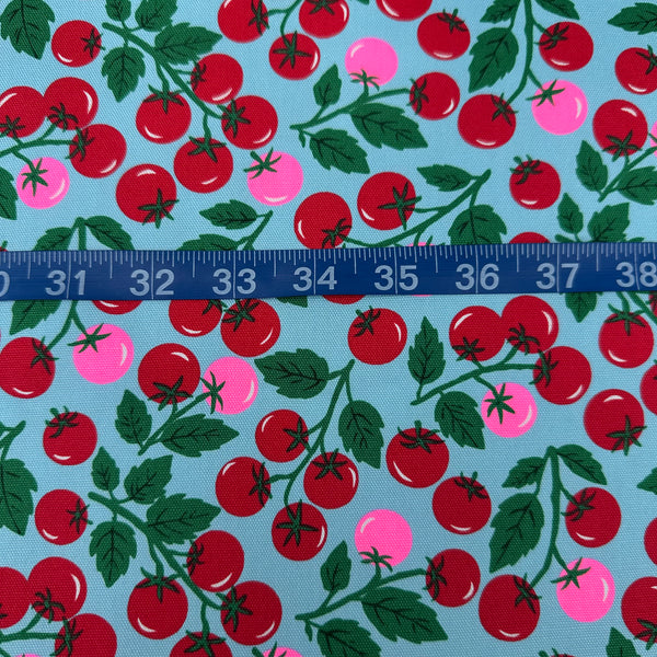 Scale of Neon Tomato Cotton Oxford Fabric in Blue featuring a playful tomato print with neon accents, imported from Japan.
