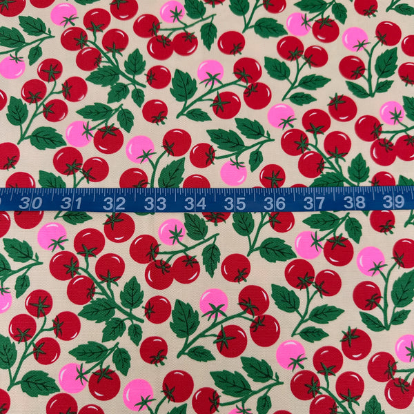 Scale of Neon Tomato Cotton Oxford Fabric in Cream featuring a playful tomato print with neon accents, imported from Japan.