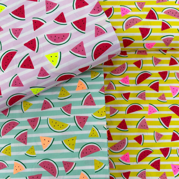 Neon Watermelon Cotton Fabric featuring a bright watermelon print with neon accents, imported from Japan.