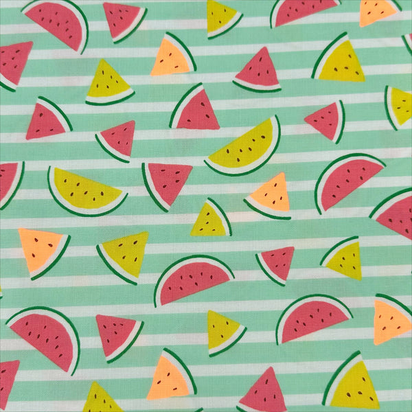 Neon Watermelon Cotton Fabric in Mint featuring a bright watermelon print with neon accents, imported from Japan.