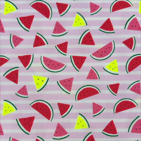 Neon Watermelon Cotton Fabric in Pink featuring a bright watermelon print with neon accents, imported from Japan.