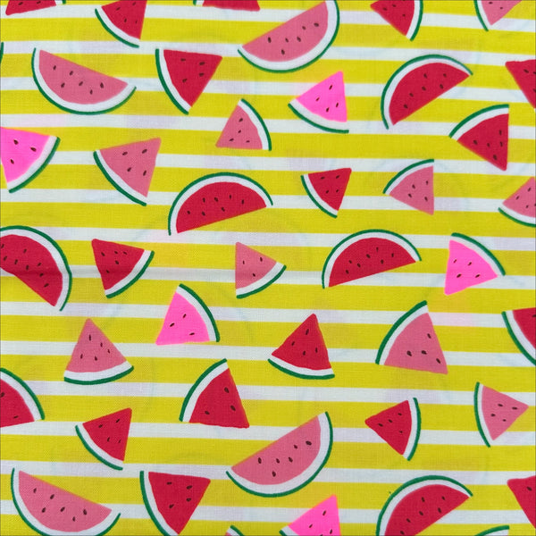 Neon Watermelon Cotton Fabric in Yellow featuring a bright watermelon print with neon accents, imported from Japan.