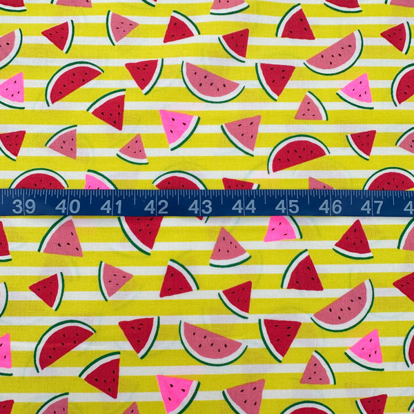 Scale of Neon Watermelon Cotton Fabric in Yellow featuring a bright watermelon print with neon accents, imported from Japan.