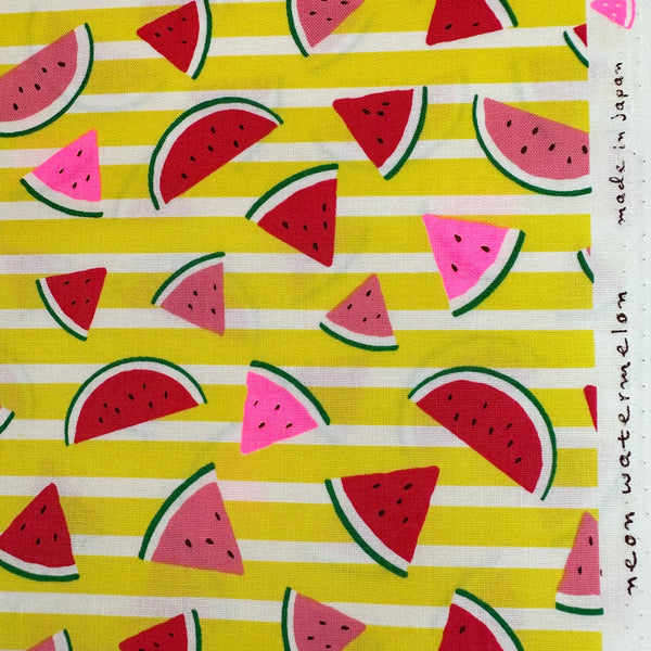 Selvage of Neon Watermelon Cotton Fabric in Yellow featuring a bright watermelon print with neon accents, imported from Japan.