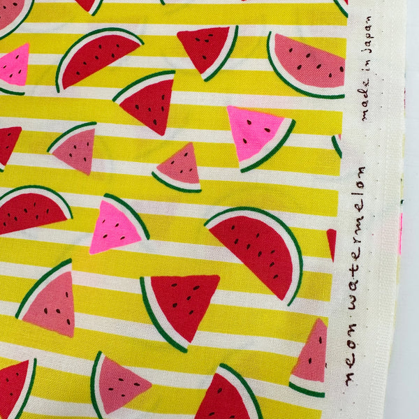 Selvage of Neon Watermelon Cotton Fabric in Yellow featuring a bright watermelon print with neon accents, imported from Japan.