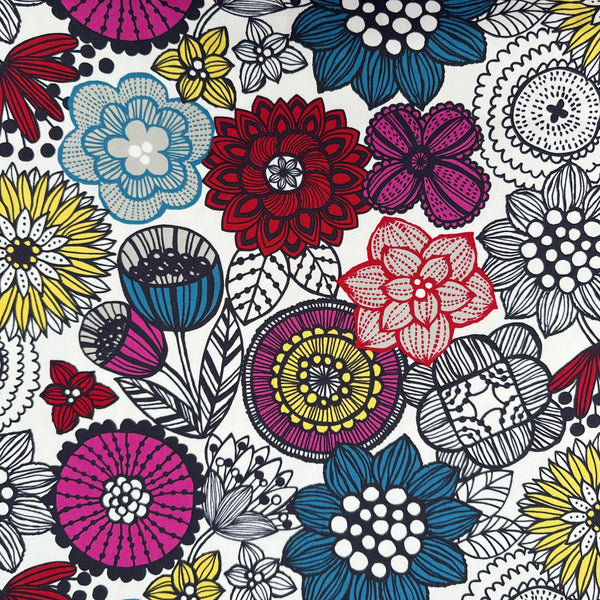 Nordic Flower cotton oxford fabric by Cosmo Textiles featuring a graphic floral print on a natural background.