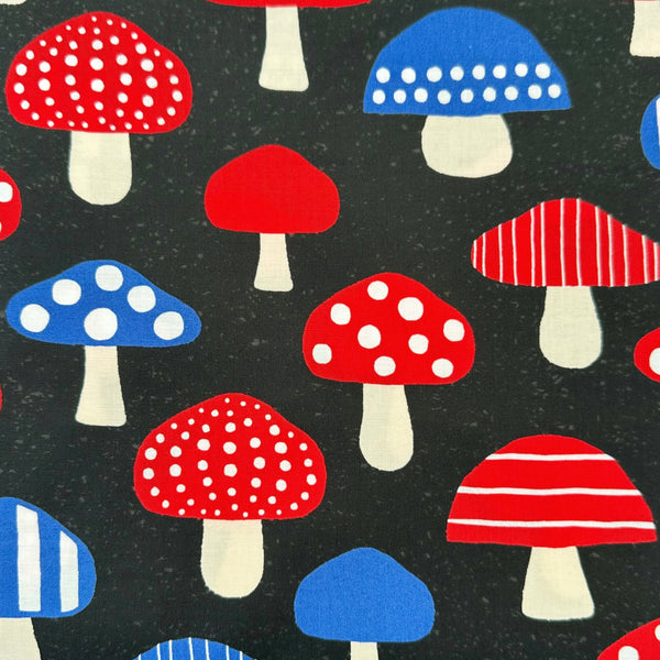 Nordic Mushroom cotton fabric in black by Cosmo Textiles featuring Scandinavian-inspired mushroom illustrations imported from Japan