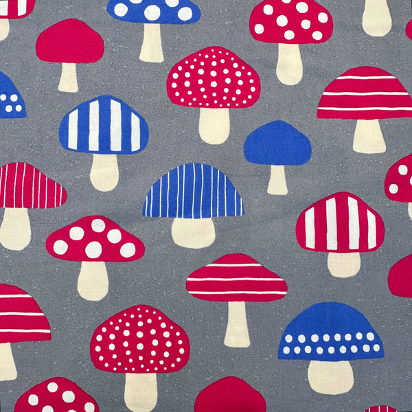 Nordic Mushroom cotton fabric in gray by Cosmo Textiles featuring Scandinavian-inspired mushroom illustrations imported from Japan