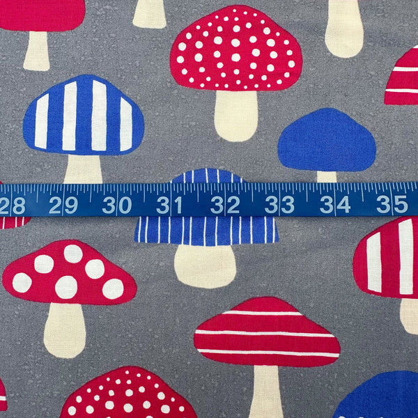 Scale of Nordic Mushroom cotton fabric in gray by Cosmo Textiles featuring Scandinavian-inspired mushroom illustrations imported from Japan