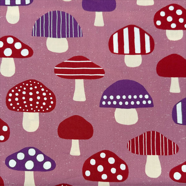 Nordic Mushroom cotton fabric in mauve by Cosmo Textiles featuring Scandinavian-inspired mushroom illustrations imported from Japan