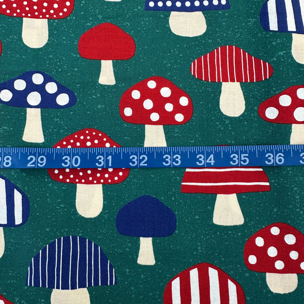Scale of Nordic Mushroom cotton fabric in teal by Cosmo Textiles featuring Scandinavian-inspired mushroom illustrations imported from Japan