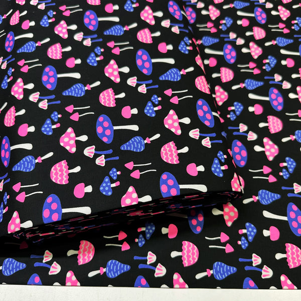 Bolt of Omushi Mushrooms Oxford cotton fabric in black and neon pink, Japanese Import, medium weight cotton for sewing and quilting