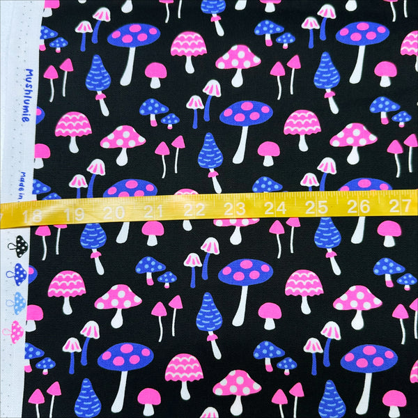 Scale of Omushi Mushrooms Oxford cotton fabric in black and neon pink, Japanese Import, medium weight cotton for sewing and quilting
