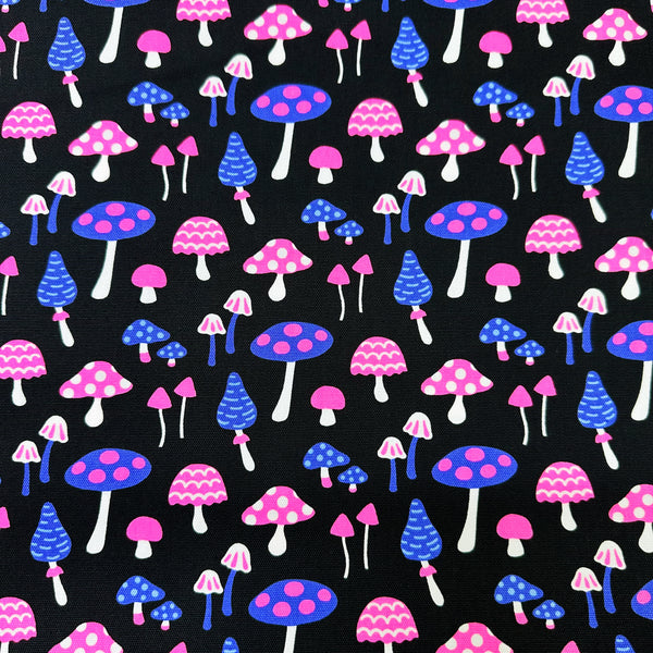 Omushi Mushrooms Oxford cotton fabric in black and neon pink, Japanese Import, medium weight cotton for sewing and quilting