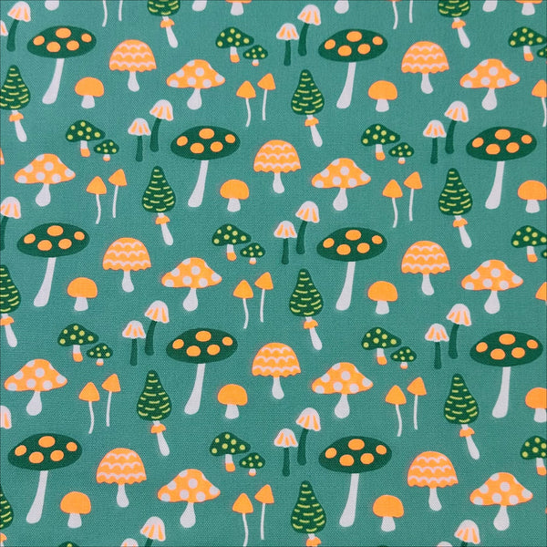 Omushi Mushrooms Oxford cotton fabric in neon orange and green, Japanese Import, medium weight cotton for sewing and quilting