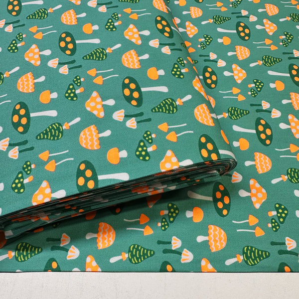 Bolt of Omushi Mushrooms Oxford cotton fabric in neon orange and green, Japanese Import, medium weight cotton for sewing and quilting