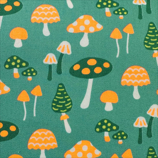 Close up of Omushi Mushrooms Oxford cotton fabric in neon orange and green, Japanese Import, medium weight cotton for sewing and quilting