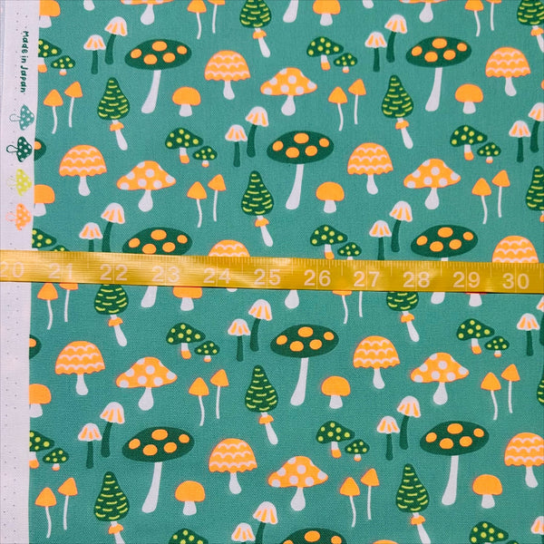 Scale of Omushi Mushrooms Oxford cotton fabric in neon orange and green, Japanese Import, medium weight cotton for sewing and quilting