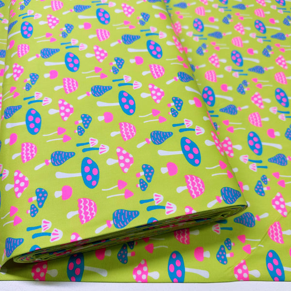 Bolt of Omushi Mushrooms Oxford cotton fabric in neon pink and lime, Japanese Import, medium weight cotton for sewing and quilting